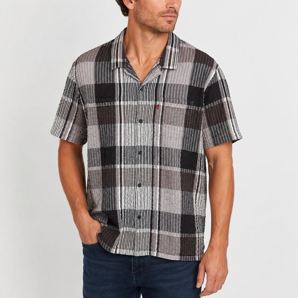 Levi's Relaxed XXL Seersucker Plaid Button Shirt Gray Black 100% Cotton Dadcore